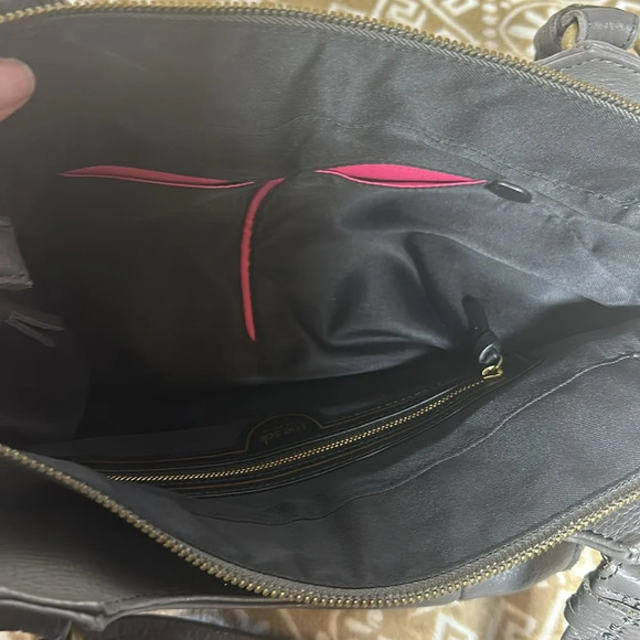 The Sak Grey 100% Leather Pebbled Double Handle Purse Handbag Some Pink Lining - Picture 11 of 16